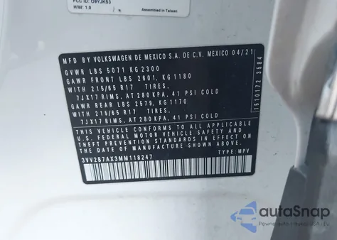 2021 Volkswagen Tiguan 2.0T Se/2.0T Se R-Line Black/2.0T Sel z USA, uszkodzony, nr VIN 3VV2B7AX3MM118247